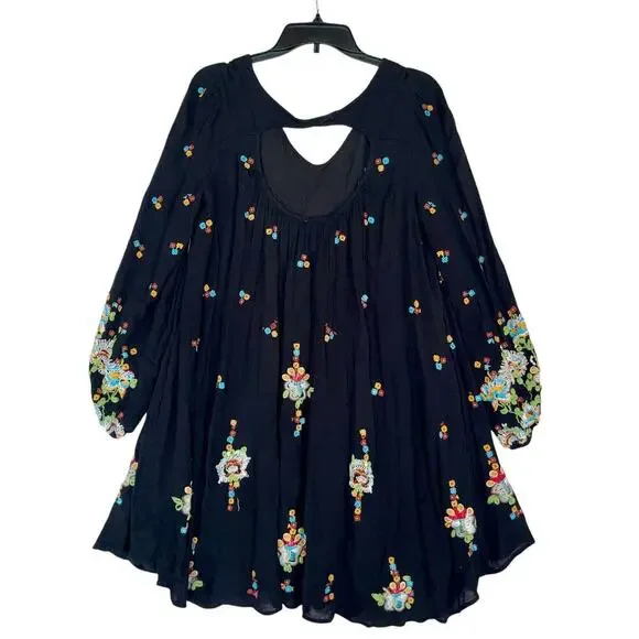 Free People Oxford embroidered swing dress black colorful floral embroidery EUC - Picture 4 of 10